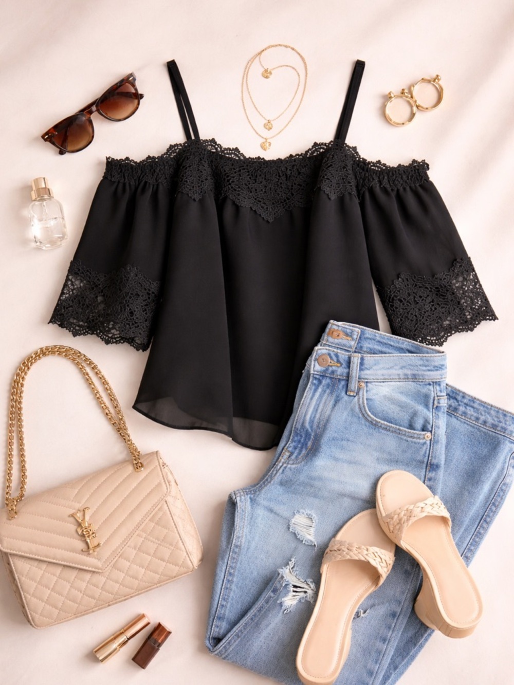 Fortune + Ivy Black Lace Off Shoulder Blouse | Romantic Chic Size: Large